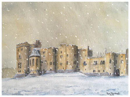 alnwick, castle, northumberland, painting, art, landscape, watercolour, snow, winter, Picture