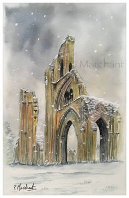 glastonbury, abbey, somerset, ruin, watercolour, art, painting, snow, winter,Picture