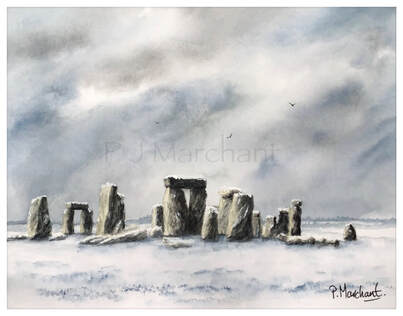 wiltshire, stonehenge, landscape, ancient, watercolour, snow, winter, Picture