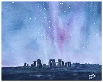 wiltshire, art, painting, stones, ancient, stonehenge, landscape, stars, night, sky, watercolour, Picture