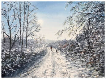 winter, landscape, painting, art, dog, walking, sunshine, bright, snow,Picture